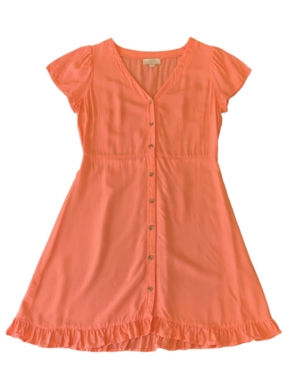 Loft Dress 2 Petite Coral Button up Ruffle trim V-neck Shortsleeved